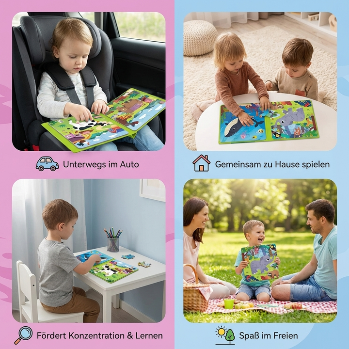 Buntes Montessori Buch mit magnetischen Puzzleteilen, ideal für Kinder ab 3 Jahren.