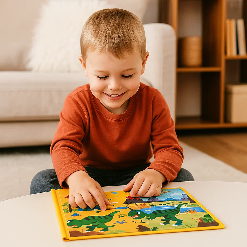 Geöffnetes Montessori Puzzle Buch mit verschiedenen Magnetmotiven, pädagogischer Spielspaß.