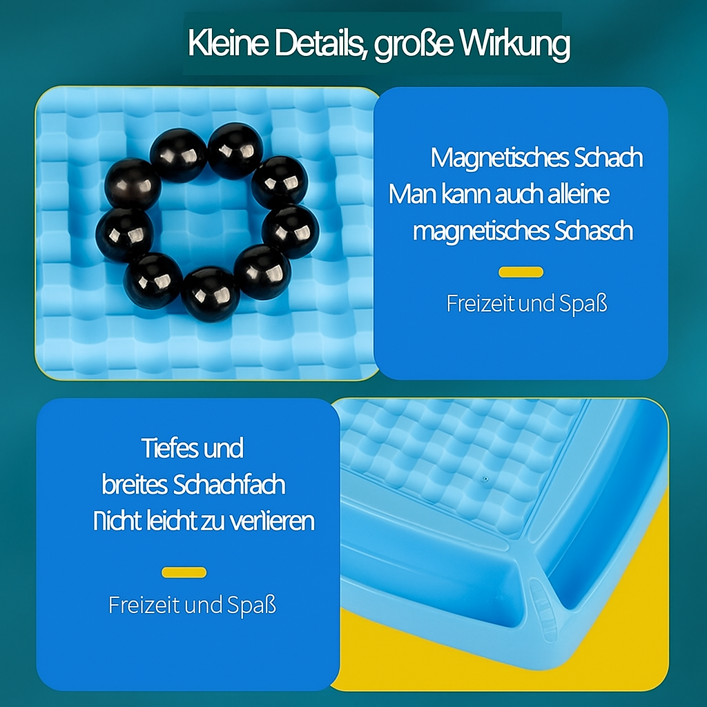 Kompaktes magnetisches Reiseschachspiel mit starken Figuren. Ideal für unterwegs, Camping & Reisen. DenkKraft Pro.