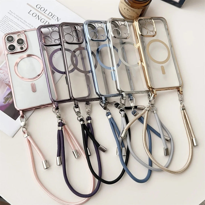 Elegante MagSafe iPhone Schutzhülle mit abnehmbarem Tragegurt. Slim Case für modernen Look.