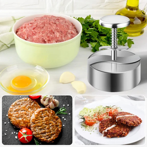 Set aus Burgerpresse und perfekt geformten Fleisch-Patties. Erleichtere deine Grillparty mit diesem Helfer.