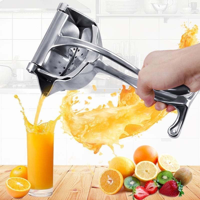 Manuelle Edelstahl Fruchtpresse für frischen Zitronen- oder Orangensaft. Robuster Hebel-Zitrusentsafter für die Küche.