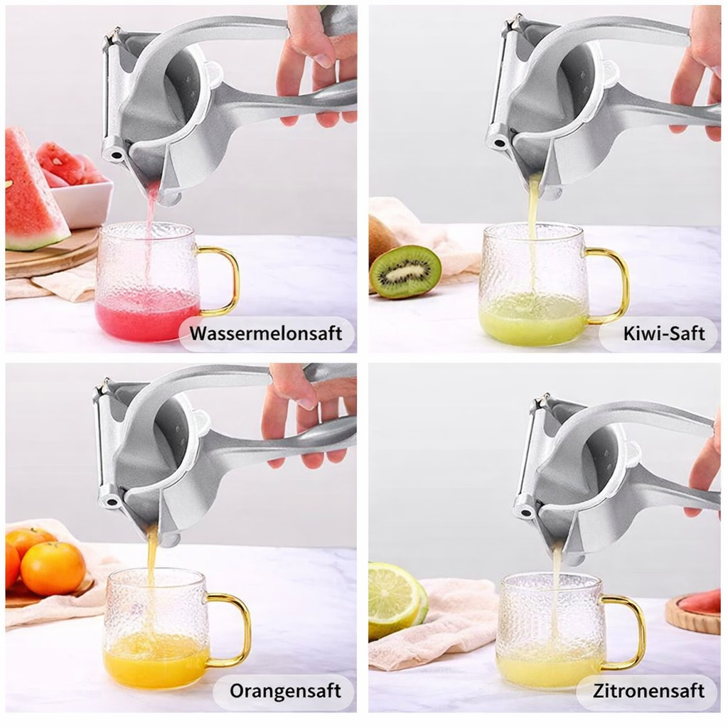 Stilvolle Edelstahl Zitruspresse mit einem Glas frisch gepresstem Saft. Perfekter Küchenhelfer für gesunden Frischsaft.