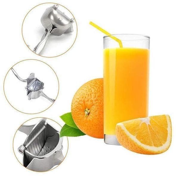 Kompakte manuelle Edelstahl Saftpresse, idealer Küchenhelfer für frischen Zitronen- und Orangensaft. Silbernes Design.