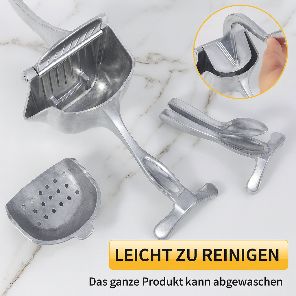 Ergonomische manuelle Saftpresse aus rostfreiem Aluminium. Ideal für Zitronen, Orangen & frische Cocktails.