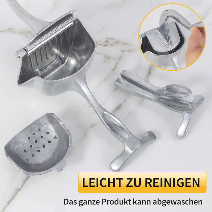 Ergonomische manuelle Saftpresse aus rostfreiem Aluminium. Ideal für Zitronen, Orangen & frische Cocktails.