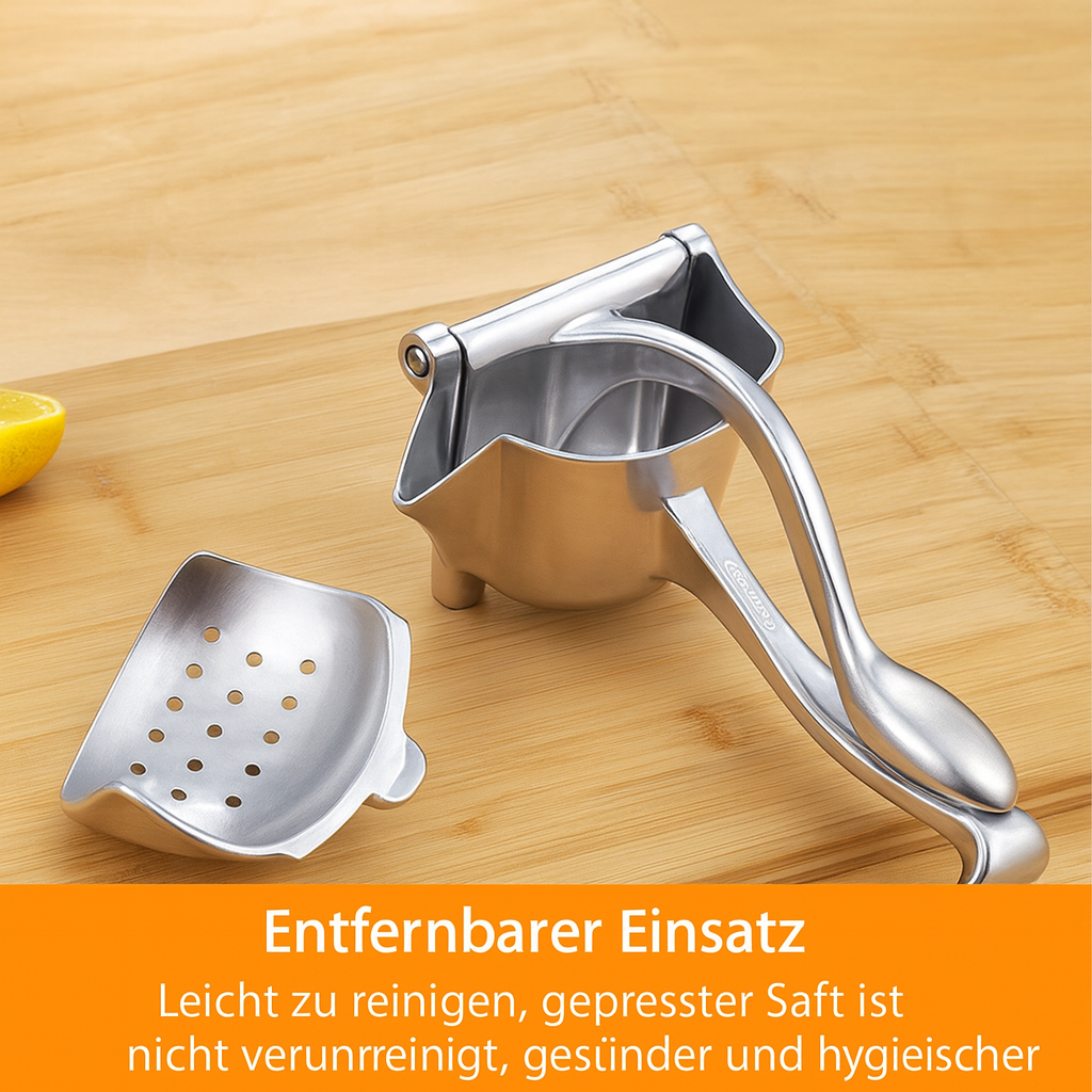 Vielseitige manuelle Saftpresse aus Aluminium, rostfrei. Perfekt für Zitronen, Orangen & schnelle Cocktails.
