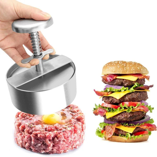 Robuste Burgerpresse aus hochwertigem Edelstahl für die einfache und schnelle Herstellung von Fleisch-Patties.