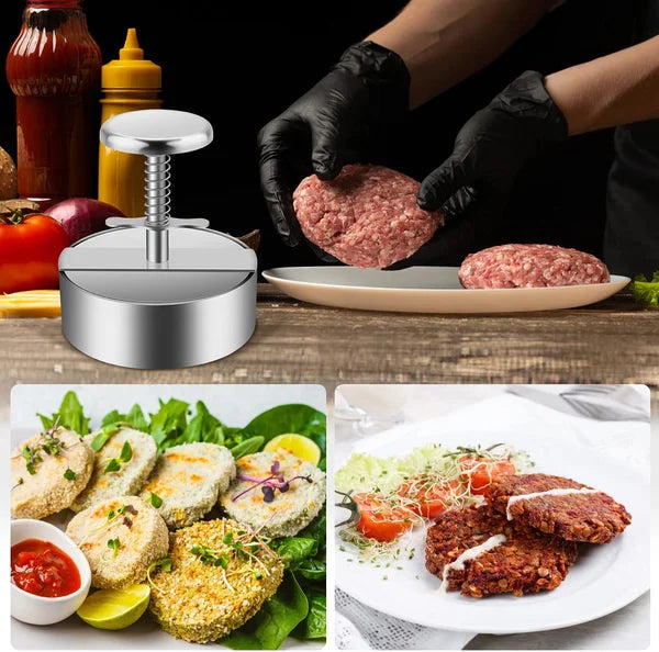 Diese robuste Edelstahlpresse formt mühelos perfekte Fleisch-Patties, ein Top-Küchenhelfer für Ihr Grillfest.