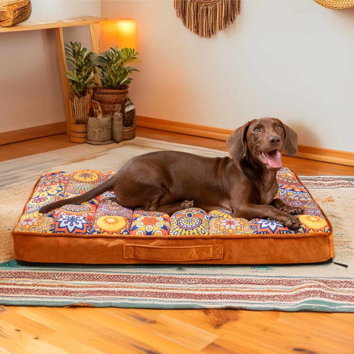 Blaues, orthopädisches XL-Hundebett im marokkanischen Design, für große Hunde, gemütlicher Schlafplatz & Gelenkentlastung.