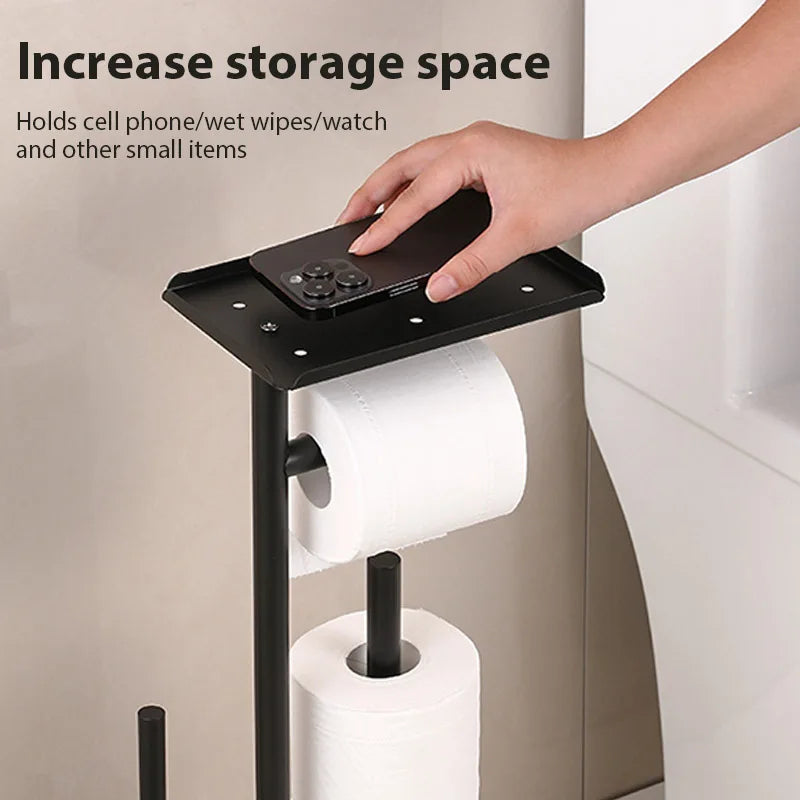 Platzsparender Klorollenhalter aus Stahl in Mattschwarz mit integrierter WC-Bürste und Smartphone-Ablage.