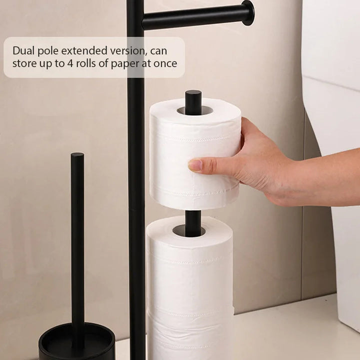 Eleganter Badezimmer Organizer, bohrfrei: Toilettenpapierständer, WC-Bürste & Ablage in modernem Mattschwarz.