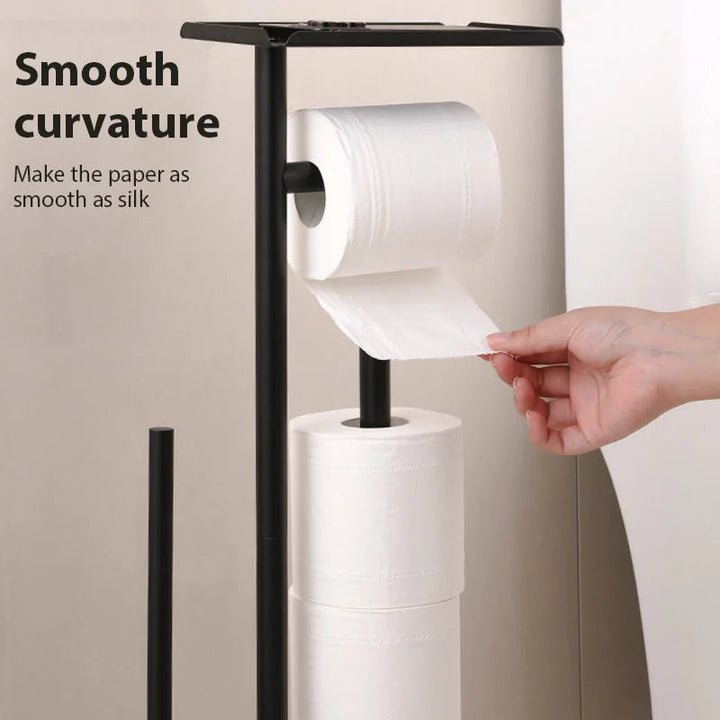 Kompakter Toilettenpapierständer mit WC-Bürste, aus stabilem mattschwarzem Stahl. Ideal für jedes Bad.