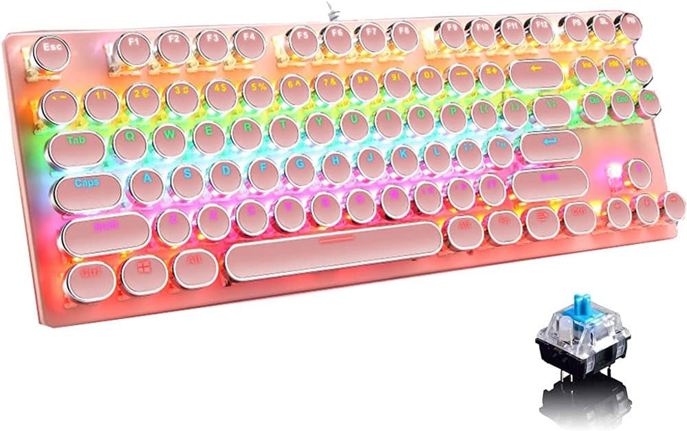 Mechanische Gaming-Tastatur, RGB hinterbeleuchtet, blaue Schalter. 87 Tasten für Gamer & Büro.