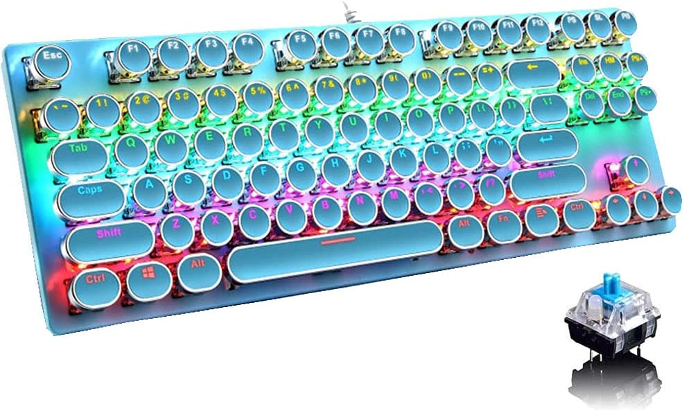 Kompakte Gaming-Tastatur mit 87 mechanischen Tasten, RGB-Hintergrundbeleuchtung & blauen Schaltern.