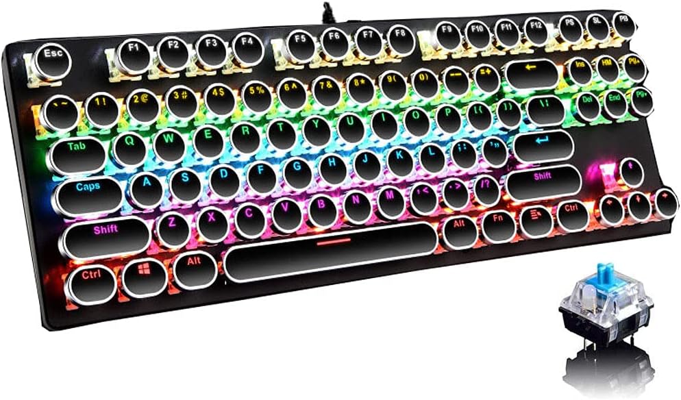 Mechanische Tastatur für Gamer: 87 Tasten, RGB-Beleuchtung, taktile blaue Schalter.