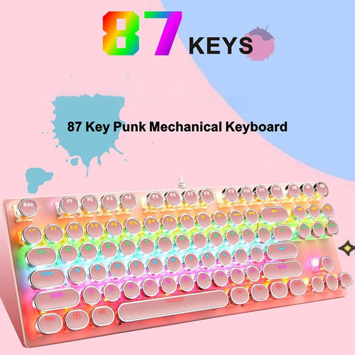 Robuste 87-Tasten Gaming-Tastatur, mechanisch, RGB-Beleuchtung, blaue Schalter für Langlebigkeit.