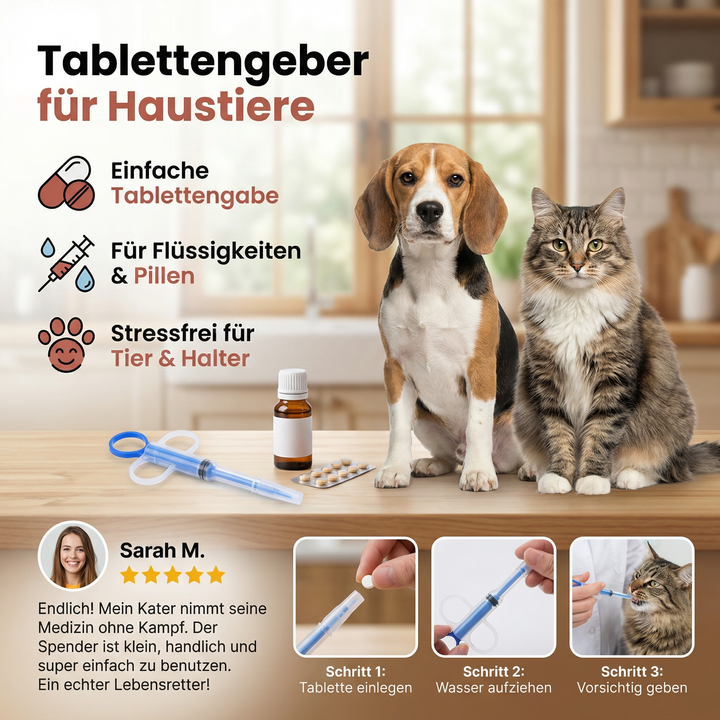Praktischer Haustier Medikamentenspender für Tierpflege. Perfekt für die Medikamentengabe an Hunde & Katzen.