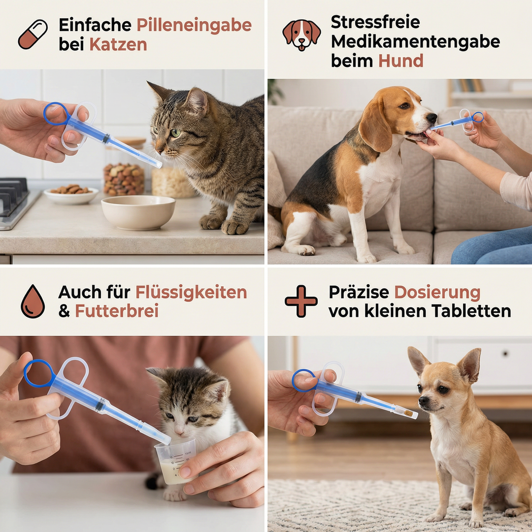 Tiergesundheit: Medikamentenspender mit Soft-Tip für schonende Tablettengabe bei Hunden und Katzen.
