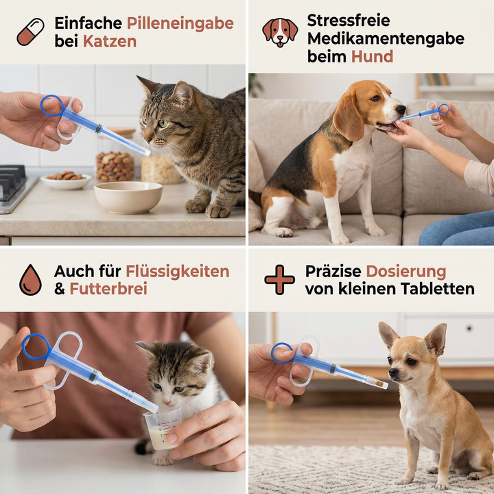 Tiergesundheit: Medikamentenspender mit Soft-Tip für schonende Tablettengabe bei Hunden und Katzen.