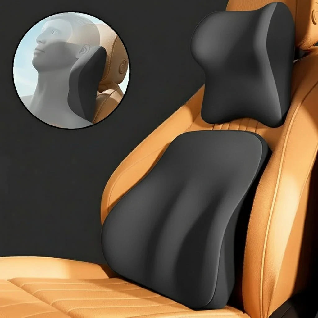 Memory Foam Auto-Nacken- & Lendenkissen für ergonomischen Reisekomfort und Schmerzlinderung.