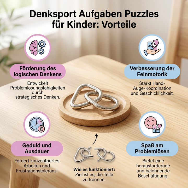 Kompaktes Reisespiel: Metall-Logikpuzzle für Kinder, ideal für unterwegs. Fördert Geduld & Motorik.