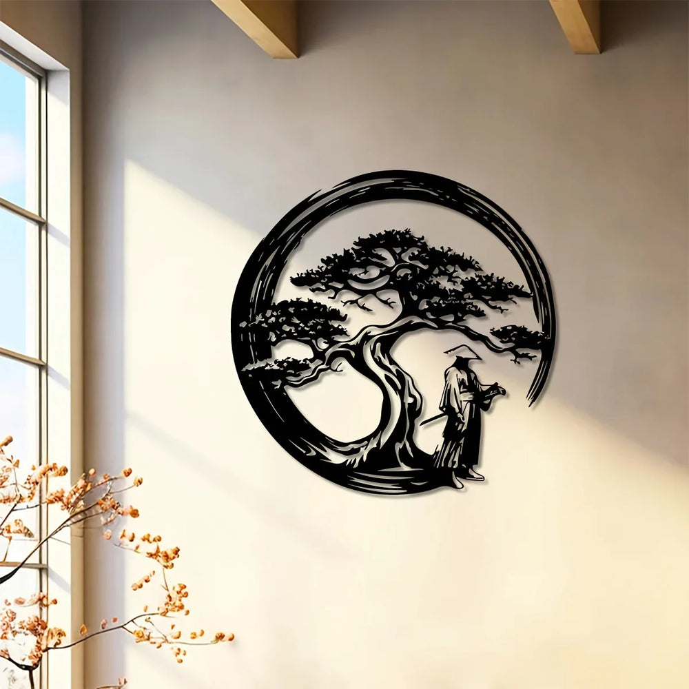Minimalistische Metallkunst Wanddeko mit japanischem Bonsai Baum, Torii und Enso Symbol für modernes Zuhause.