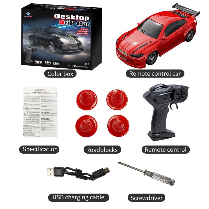 MICRODRIFT RC Driftauto im schnellen Drift, unscharfer Hintergrund. Kompaktes 1:64 Modellauto.