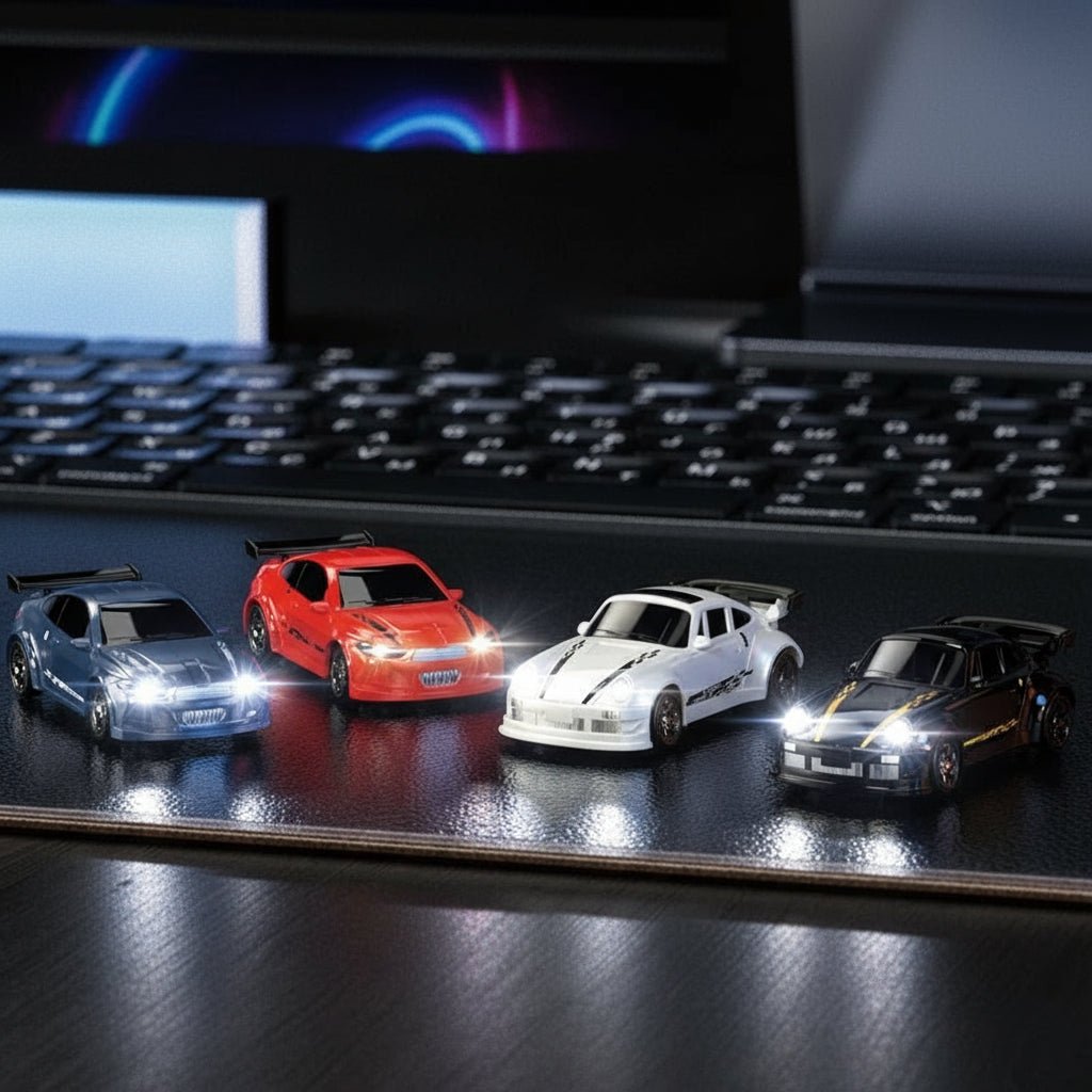 Kleines RC Driftauto in voller Drift-Action auf glatter Oberfläche. Bietet präzisen Fahrspaß.
