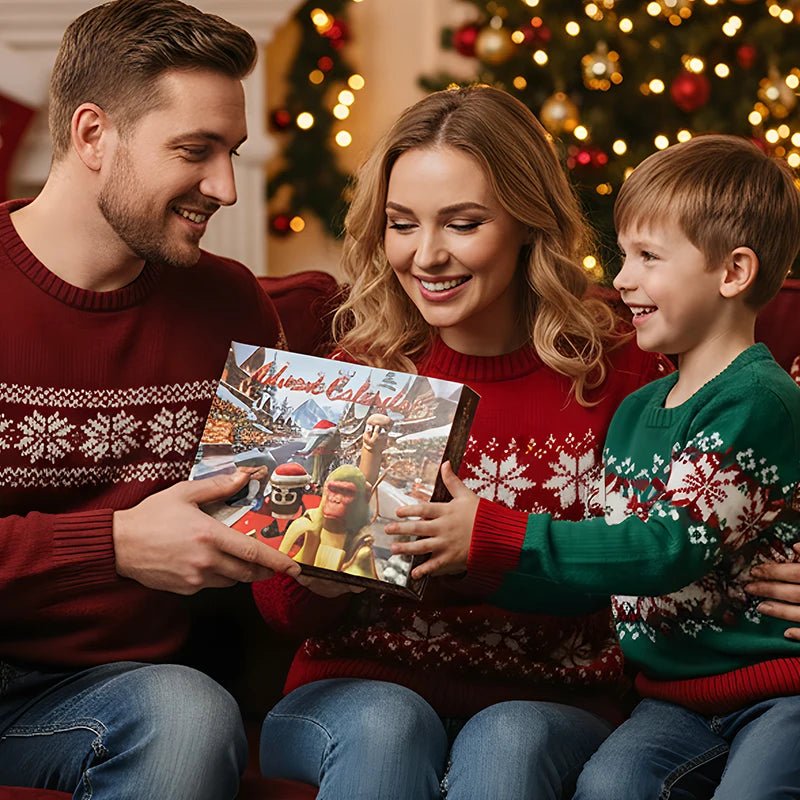 Kind öffnet Tür des MINDPOP 2025 Adventskalenders und entdeckt lustiges Spielzeug als Weihnachtsüberraschung.