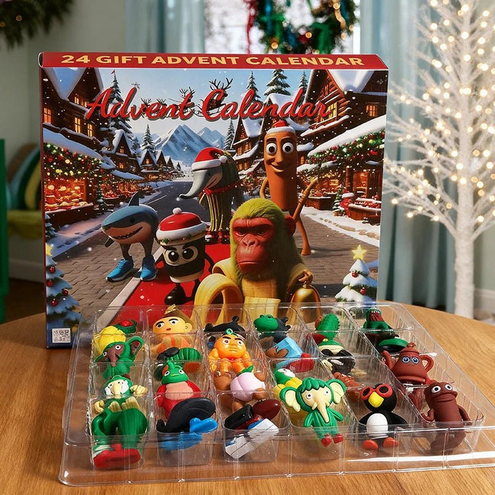 Alle 24 lustigen Spielzeug-Überraschungen aus dem MINDPOP 2025 Adventskalender für Kinder ausgelegt.