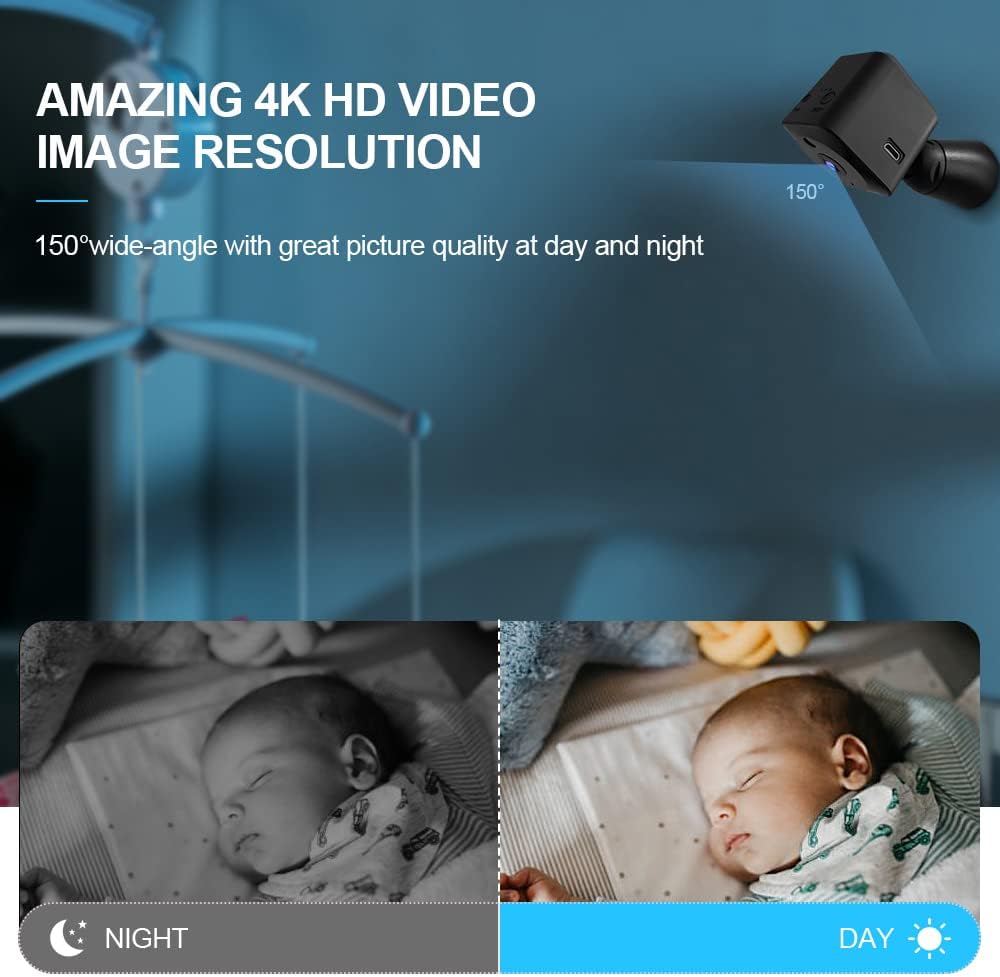 Mini 4K Überwachungskamera mit klarer Nachtsicht und WiFi für umfassende Sicherheit zu Hause.