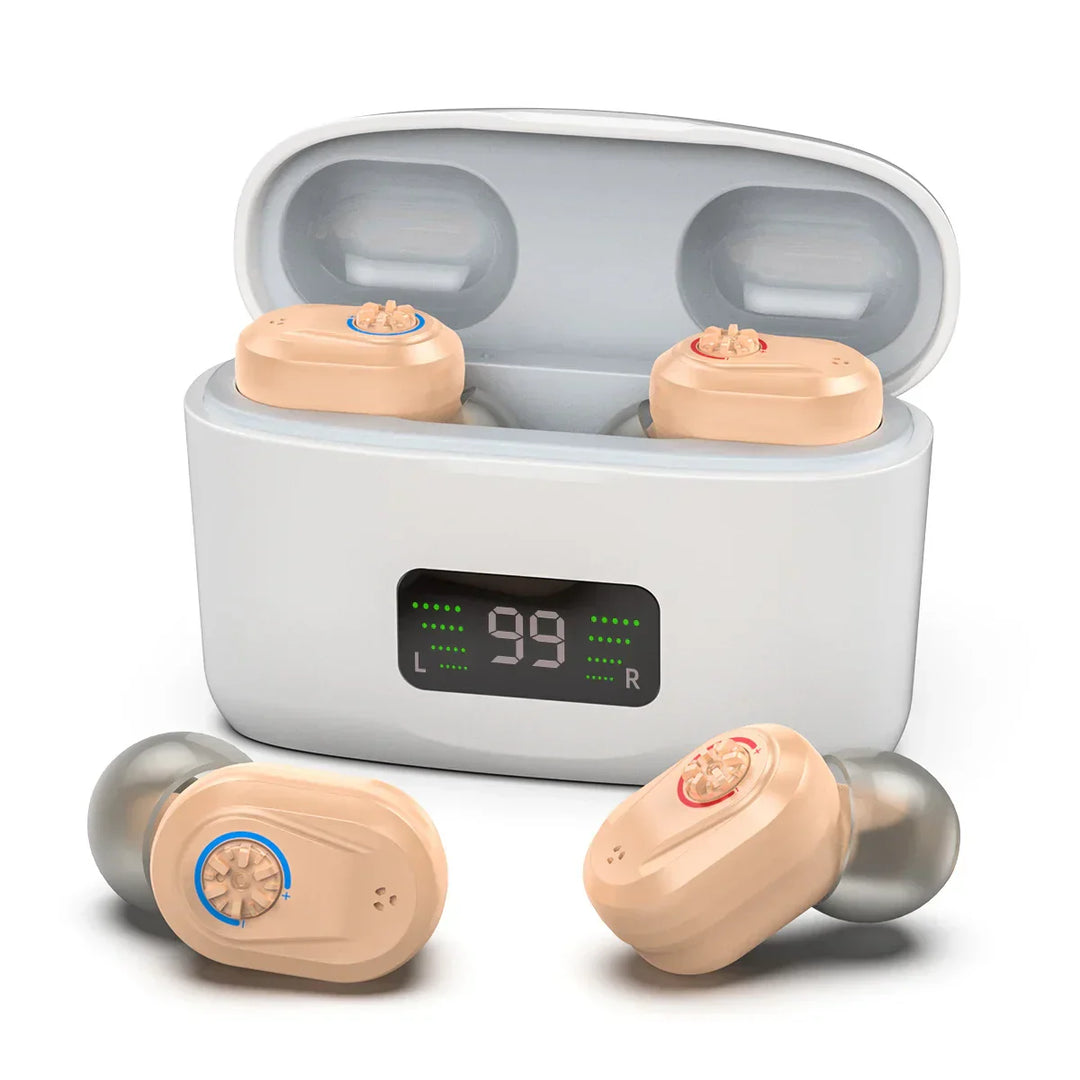 Diskret und kabellos: Das wiederaufladbare Mini-Hörgerät HearMax mit Geräuschreduzierung für optimales Hörerlebnis.