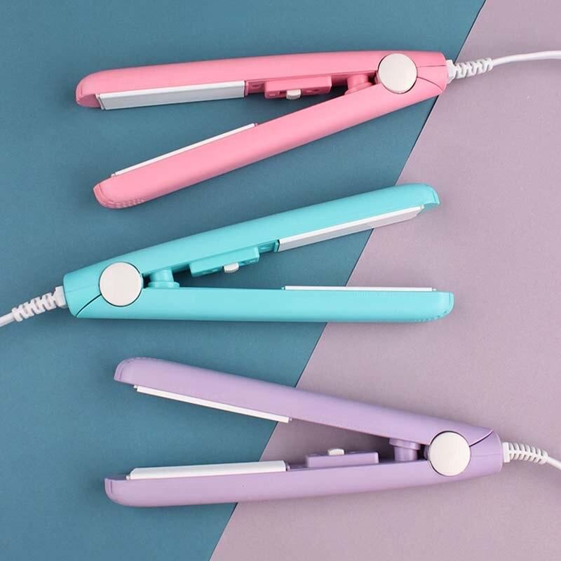 Rosa & Blaues Mini-Haarstyling-Gerät 2-in-1, Glätteisen & Lockenstab für Damen, ideal für unterwegs.