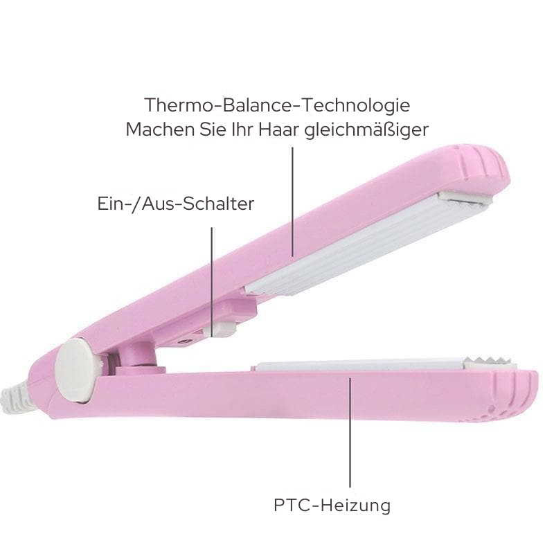 Kompakter 2-in-1 Haarglätter & Lockenstab mit Keramikplatten für schnelles Glätten und leichte Locken.