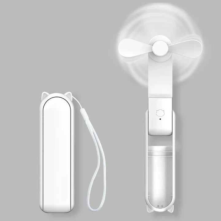 Faltbarer Mini-Handventilator mit integrierter 2000mAh Powerbank. Bietet Kühlung & lädt Geräte unterwegs.