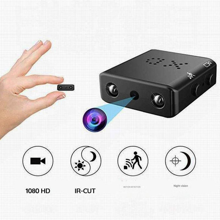 Schwarze Mini Überwachungskamera mit HD, Nachtsicht, Bewegungserkennung und Spotlense für umfassende Sicherheit.