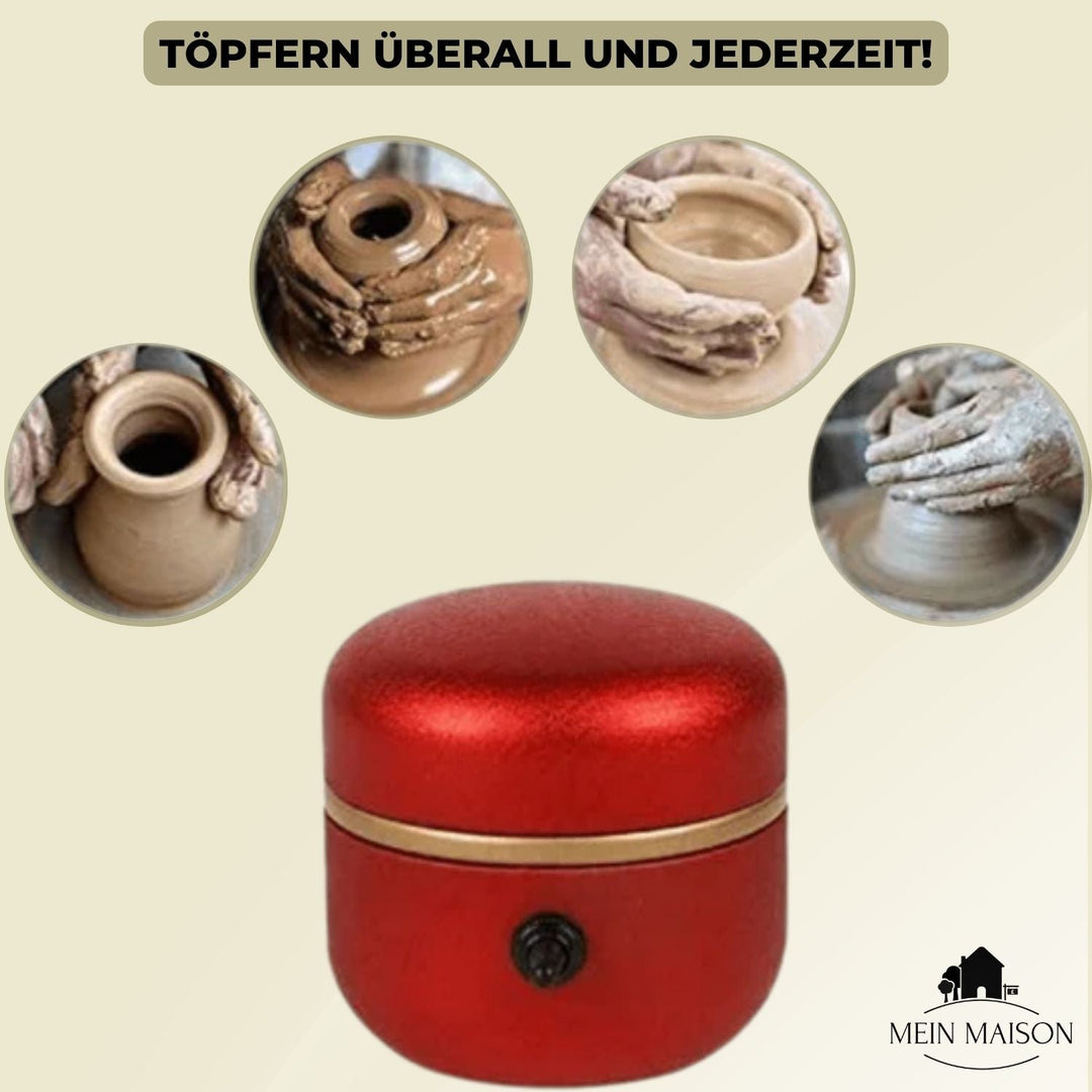 Hände formen Ton auf der Mini-Töpferscheibe, perfekt für DIY-Keramik und kreatives Töpfern zu Hause. Hobby-Handwerk.