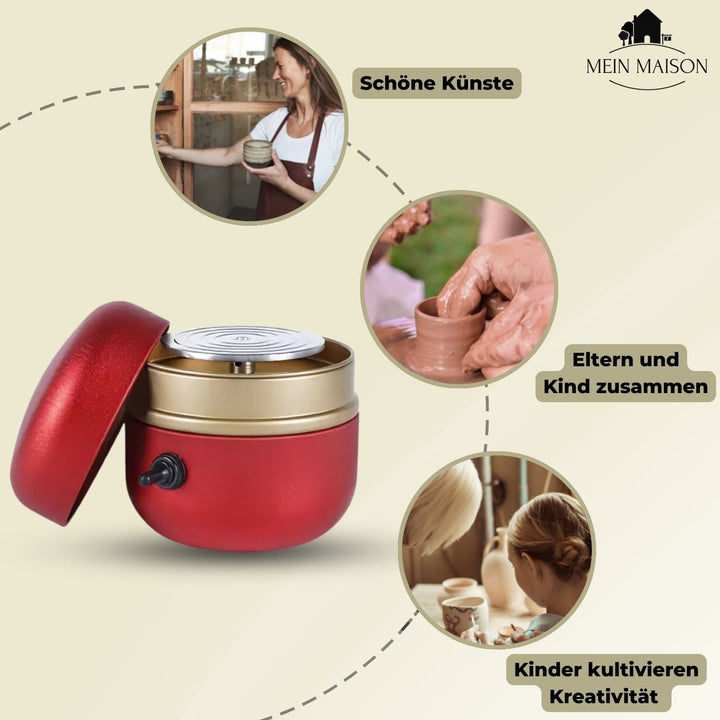 Komplettes Mini-Töpferset für DIY-Keramik: Töpferscheibe, Werkzeuge, Ton. Ideal für kreatives Basteln zu Hause.