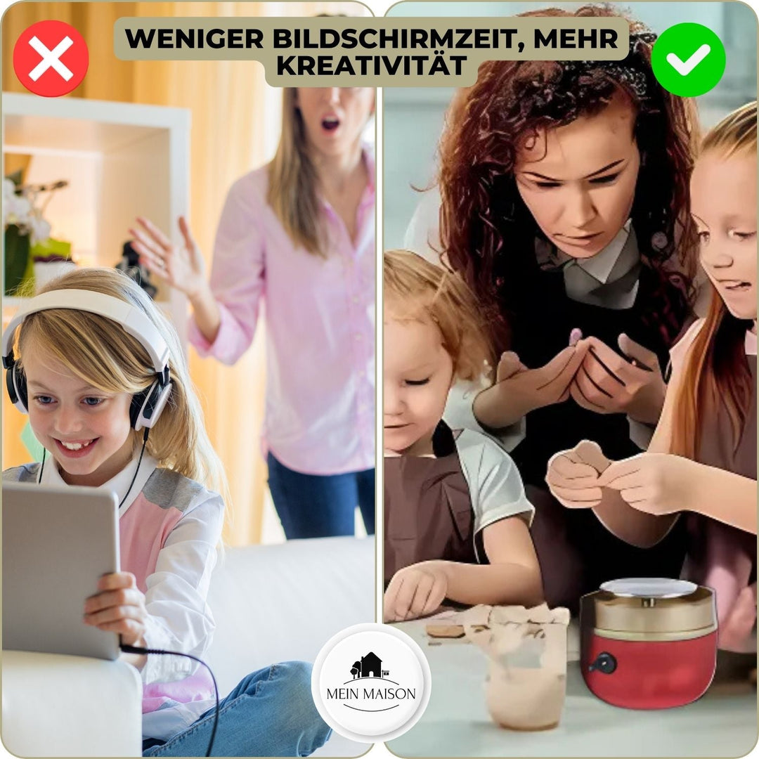 Kind töpfert mit Freude auf der Mini-Töpferscheibe, fördert Kreativität und DIY-Handwerk für Kinder zu Hause.