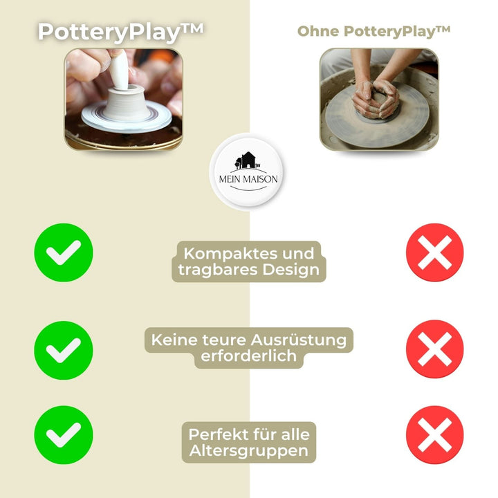 Mini-Töpferscheibe auf einem Tisch, bereit für kreatives DIY-Keramik-Handwerk und Töpfern im gemütlichen Zuhause.