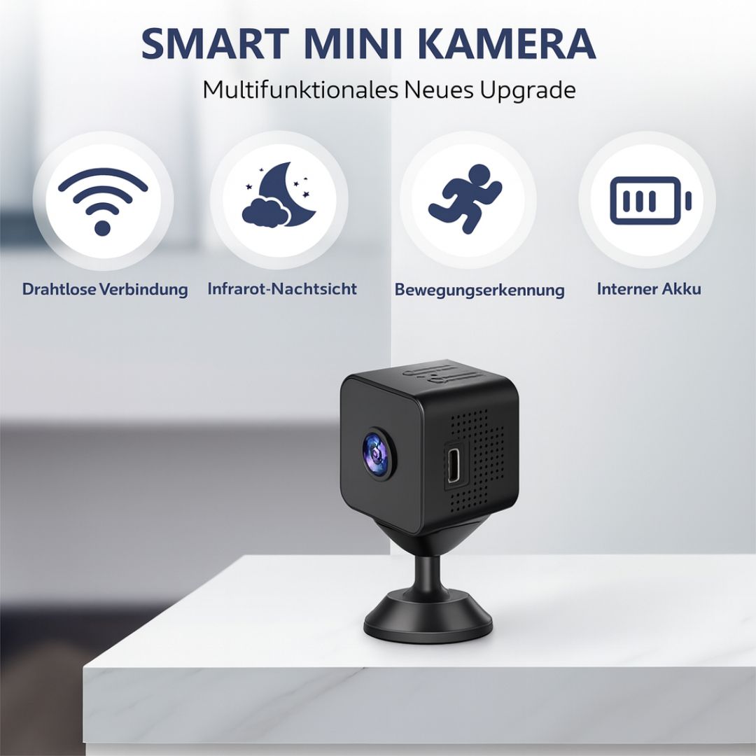 HD Minikamera mit Bewegungserkennung. Alarm bei Aktivität im Innenbereich für Ihre Sicherheit zuhause.