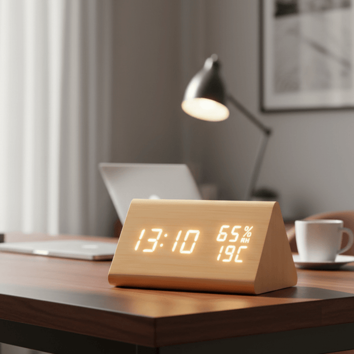 Minimalistische digitale Holzuhr mit LED-Anzeige und Temperatur, ideal als Tischuhr oder Wecker.