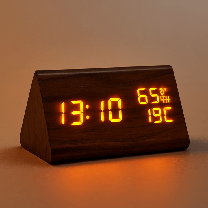 Holzuhr mit digitaler Temperaturanzeige. Stylischer Wecker für Schlafzimmer & Büro im Naturholz-Look.