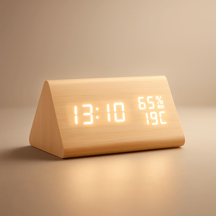 Minimalistische digitale Holzuhr mit Temperaturanzeige. Stilvolle und funktionale Tischuhr für Ihr Zuhause.