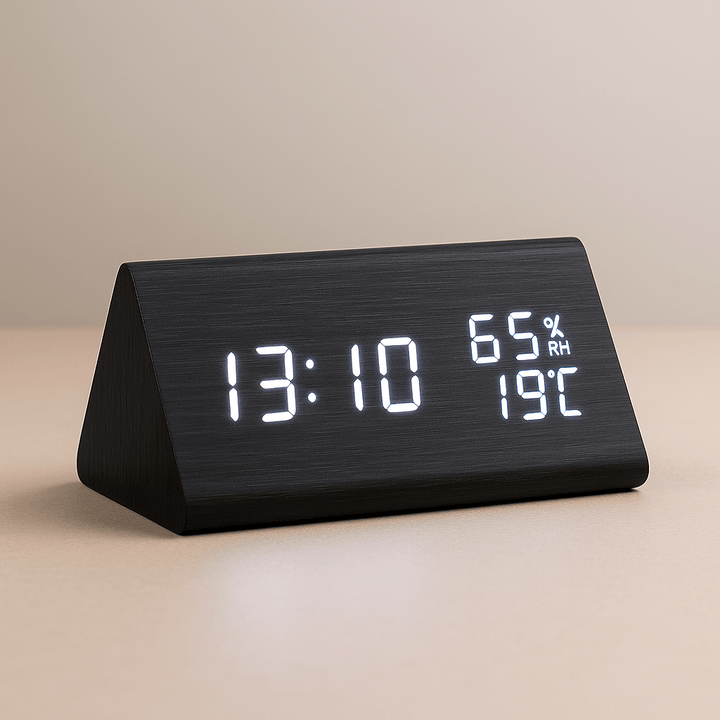 Skandinavische Wohnzimmeruhr aus Naturholz, digital mit LED-Anzeige und Temperaturfunktion, minimalistisch.