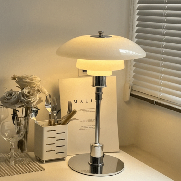 Minimalistische dimmbare LED Tischlampe aus Glas & Metall für modernes Wohnzimmer Ambiente.