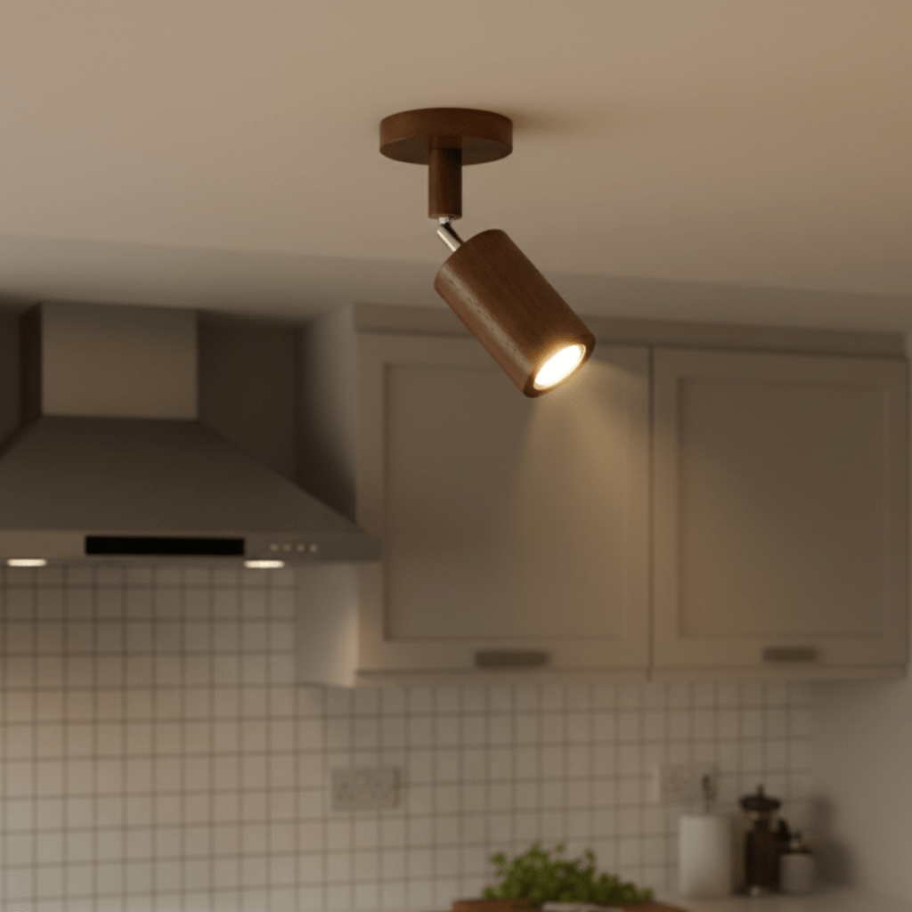 Minimalistische LED-Deckenlampe aus Massivholz, einstellbares Licht für modernes Wohnzimmer.