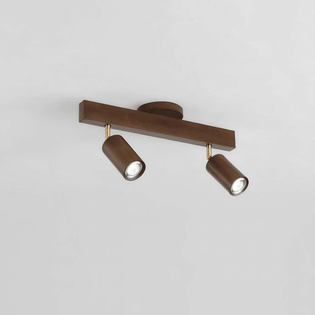 Elegante LED-Holzlampe für Deckenmontage, helles Massivholz, dimmbares Licht.