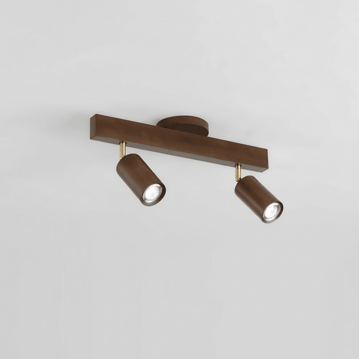 Elegante LED-Holzlampe für Deckenmontage, helles Massivholz, dimmbares Licht.
